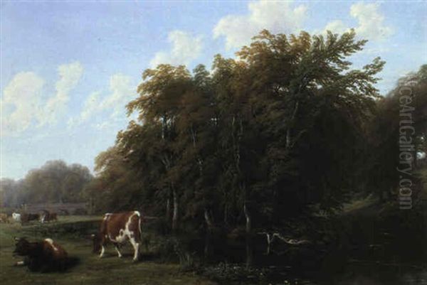 Cattle Grazing On The Banks Of A River Oil Painting by Thomas (of Leamington) Barker