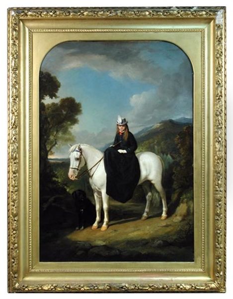 Portrait Of Miss Chisholm Of Stirches House, Hawick, In The Scottish Borders, On Her Grey Highland Pony 'punch', With Her Black Retriever Beside Her Oil Painting by Thomas Jones Barker