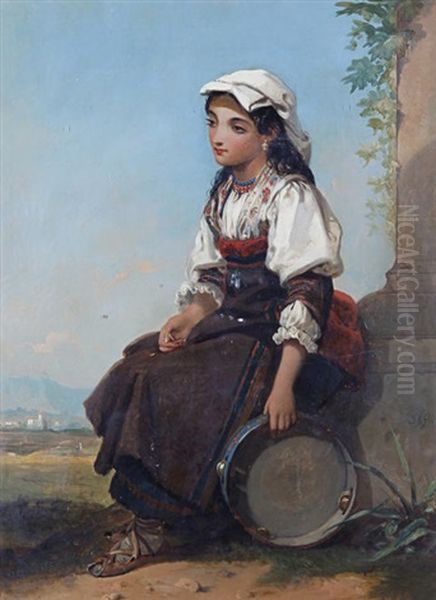 The Italian Tambourine Girl (+ Herd Boy; Pair) Oil Painting by Thomas Jones Barker