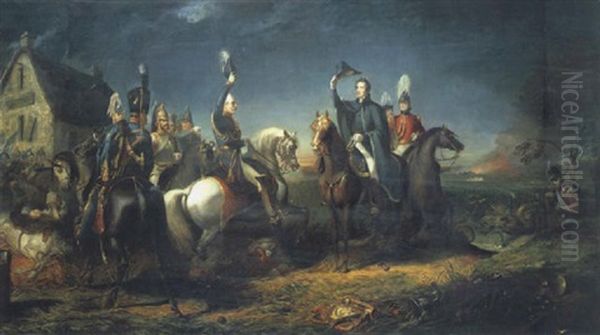 The Meeting Of The Duke Of The Wellington And Field Marshal Blucher On The Evening Of The Victory Of Waterloo At La Belle Alliance Oil Painting by Thomas Jones Barker