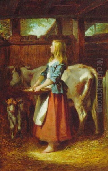 Feeding The Calf Oil Painting by Thomas Jones Barker