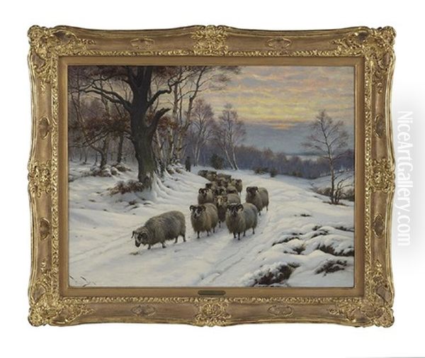 Winter Twilight Landscape With Shepherd And Flock On A Snow-covered Path Oil Painting by Wright Barker