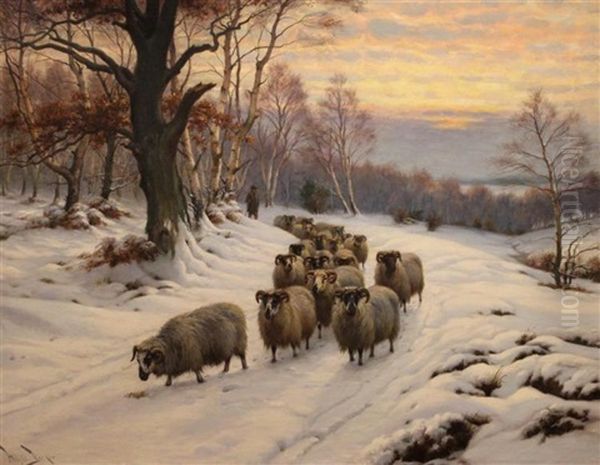 Shepherd And Flock On A Path In Winter Oil Painting by Wright Barker