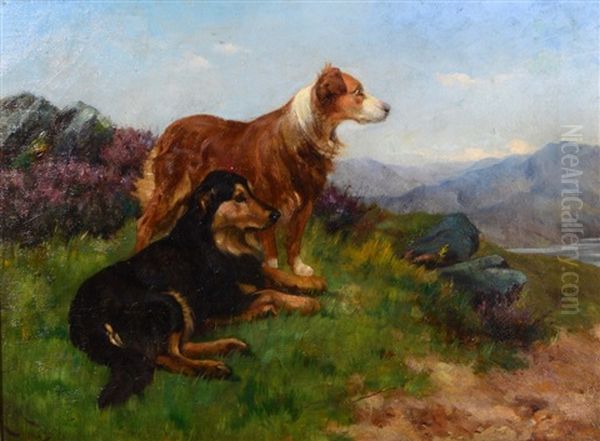 Two Collies In A Landscape Oil Painting by Wright Barker