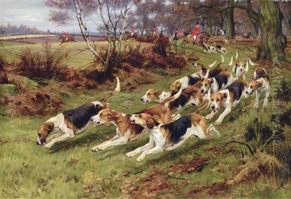 Gone Away, The Rufford Hounds Breaking Cover In Sherwood Forest Oil Painting by Wright Barker