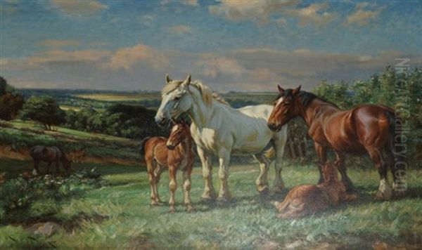 Horses And Foals Oil Painting by Wright Barker