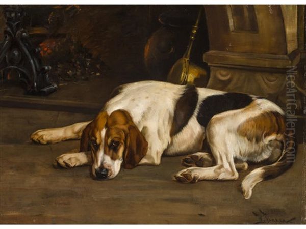 A Foxhound By The Hearth Oil Painting by Wright Barker