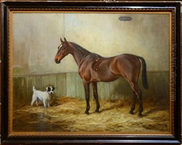 The Horse Warwick And Terrier Turk In A Stable Oil Painting by Wright Barker