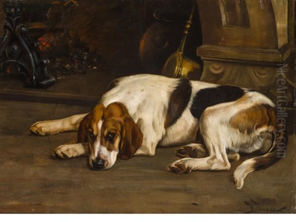 Foxhound By The Hearth Oil Painting by Wright Barker