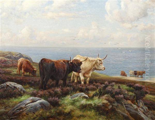 Highland Cattle On The Coast Oil Painting by Wright Barker