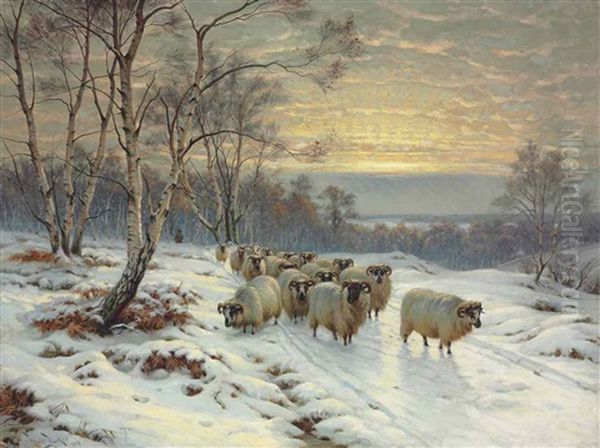 A Shepherd With His Flock In A Winter Landscape Oil Painting by Wright Barker