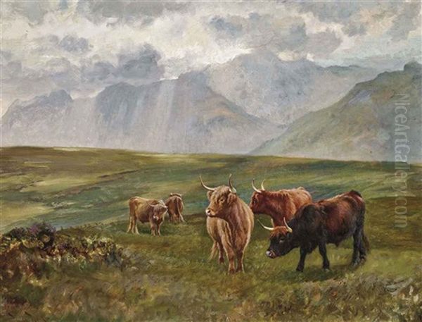 Highland Cattle Grazing Oil Painting by Wright Barker