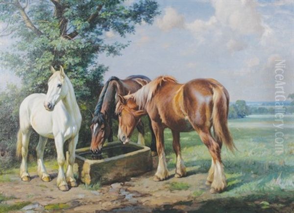 Horses Drinking Oil Painting by Wright Barker