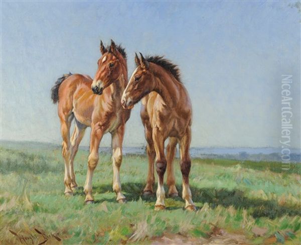 Two Foals Standing In A Summer Landscape Oil Painting by Wright Barker