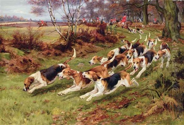 Gone Away, The Rufford Hounds Breaking Cover In Sherwood Forest Oil Painting by Wright Barker