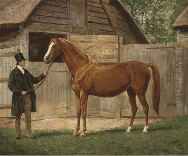 A Gentleman And Chestnut Arab, Outside A Stable Oil Painting by Wright Barker