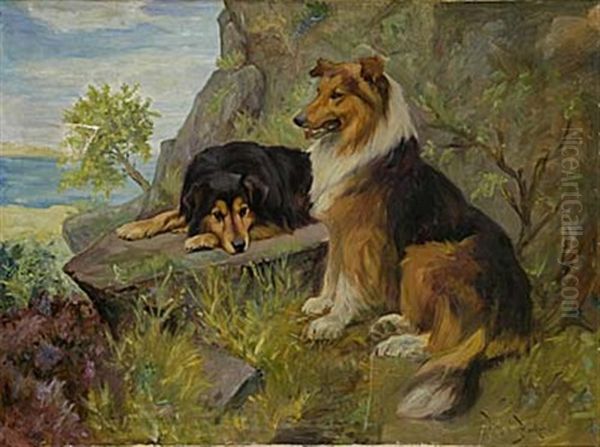 Hundar I Bergslandskap Oil Painting by Wright Barker