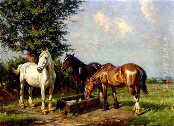 Horses At A Water Trough Oil Painting by Wright Barker