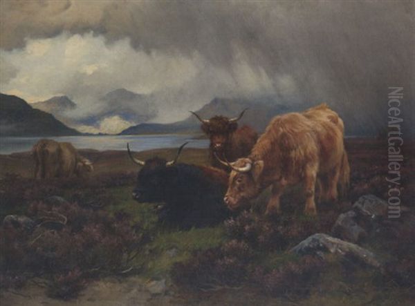 A Rainy Day: Cattle In A Highland Landscape Oil Painting by Wright Barker