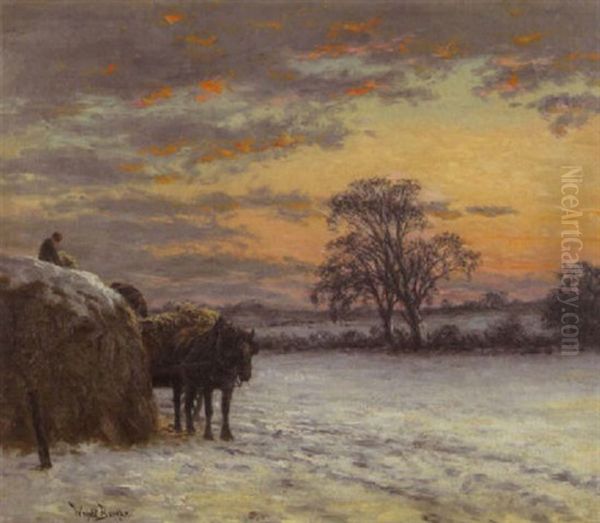 A Winter Landscape With A Horsewagon And Figures By A Haystack Oil Painting by Wright Barker