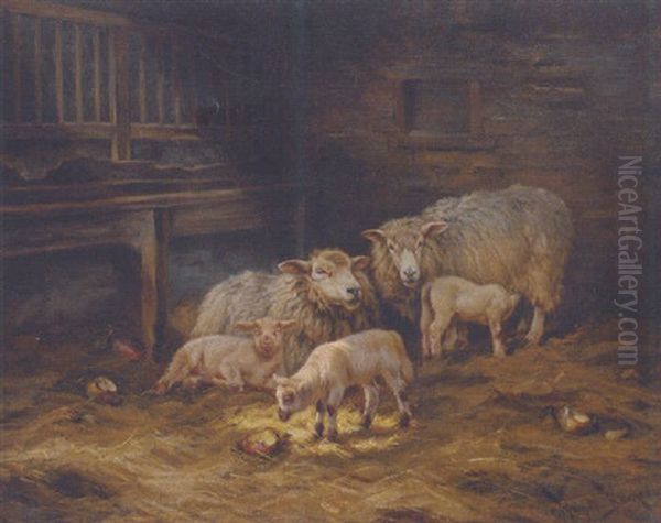 Sheep In A Stable by Wright Barker