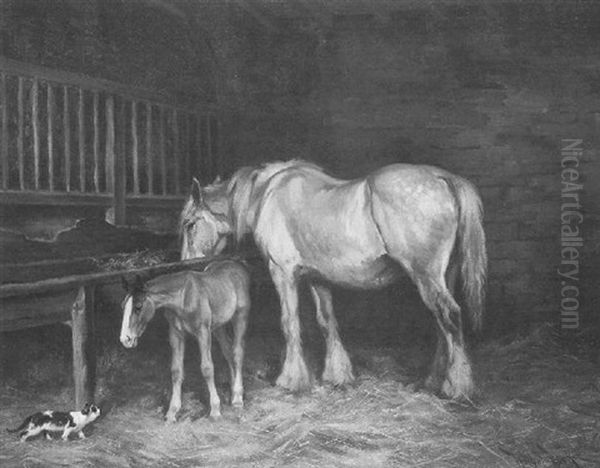 A Mare And Foal In A Stable Interior Oil Painting by Wright Barker