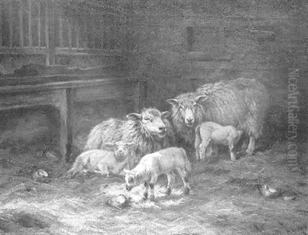 Sheep And Lambs In A Stable Oil Painting by Wright Barker