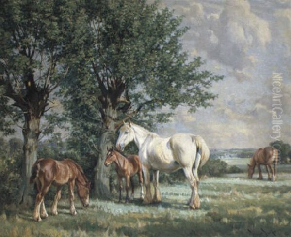 Mares And Foals Oil Painting by Wright Barker