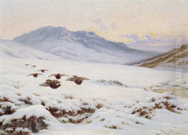 Grouse In Flight In A Winter Landscape Oil Painting by Wright Barker