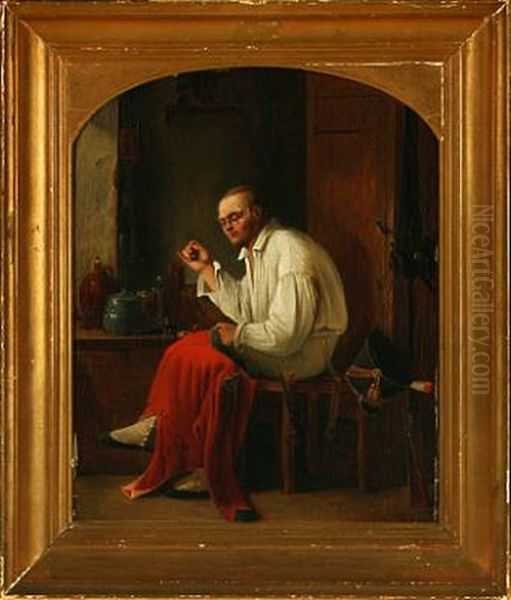 Interior With Soldier Repairing His Uniform Oil Painting by August Jacob Barlach