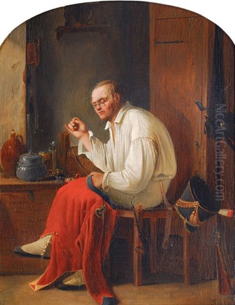 Soldier Sewing His Regimentals Oil Painting by August Jacob Barlach