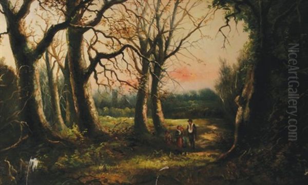 Figures In A Woodland Oil Painting by Adam Barland