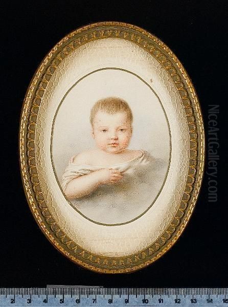 A Baby, In Clouds, Wearing White Dress . Oil Painting by Christian Adler