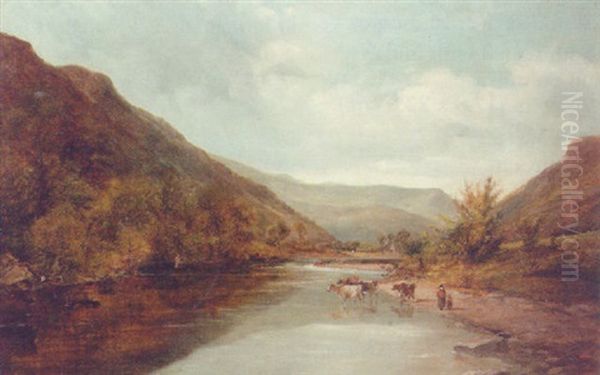 Cattle Watering In The Valley Of Mawddach, Cader Idris Oil Painting by Adam Barland