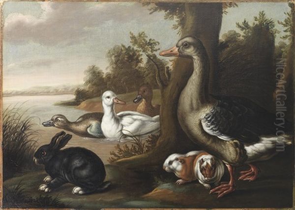 A Grey Goose, Ducks, Guinea Pigs And A Black Rabbit Beside A Pond Oil Painting by Francis Barlow