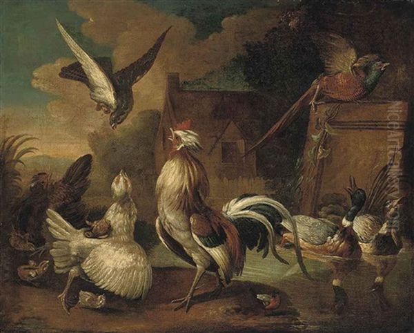 A Village Landscape With A Cockerel Being Attacked By A Hawk Surrounded By Other Birds Oil Painting by Francis Barlow