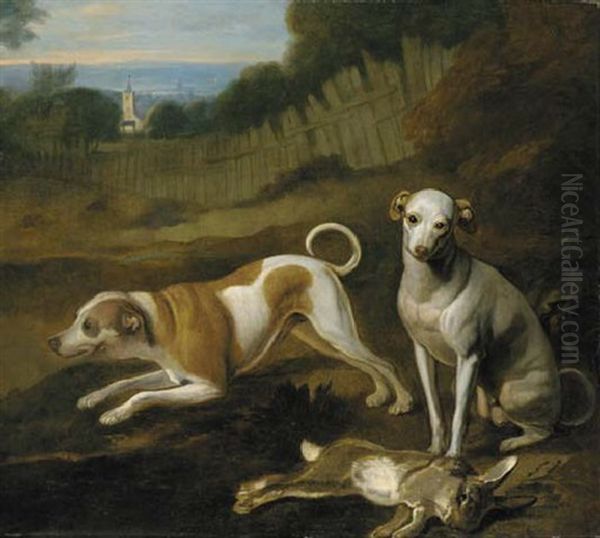 A Couple Of Hounds With A Dead Hare, In A Landscape, With A Church Beyond Oil Painting by Francis Barlow