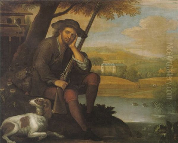 A Sportsman Seated In A River Landscape With His Gun And Dog, Reapers Reaping Beyond Near A Castle Oil Painting by Francis Barlow