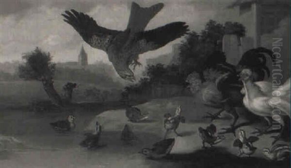 Chicks, Ducklings, A Cockerel And A Hen Frightened By A Hawk In A Yard Oil Painting by Francis Barlow