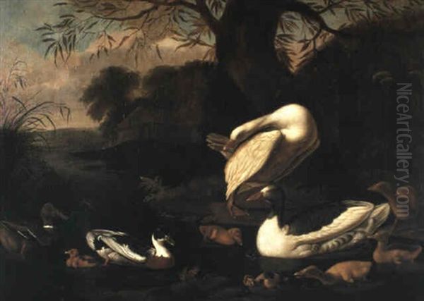 Ducks And Ducklings In A River Landscape Oil Painting by Francis Barlow