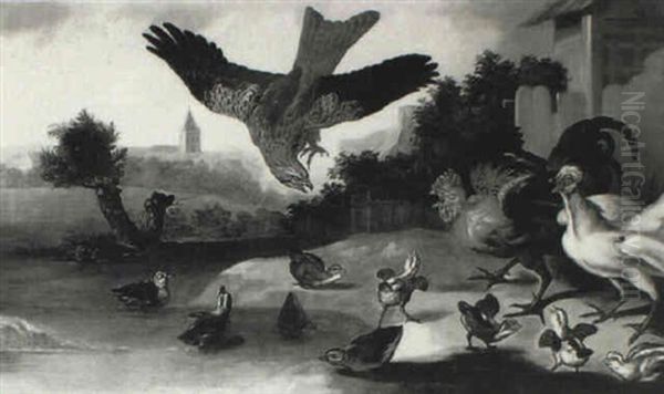 Chicks, Ducks And Other Birds Frightened By A Hawk Oil Painting by Francis Barlow