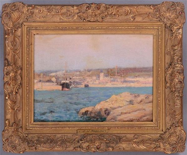 Docked Along A Rocky Coast Oil Painting by John Noble Barlow