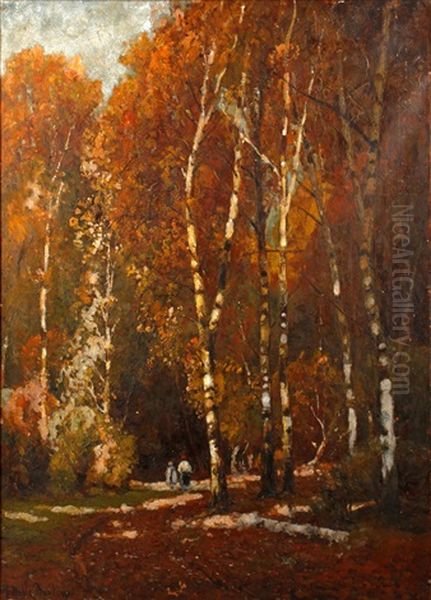 Figures Walking In Autumnal Woodlands Oil Painting by John Noble Barlow