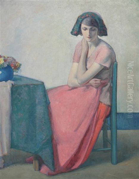 Pensive Young Girl Seated In An Interior Oil Painting by Myron Barlow