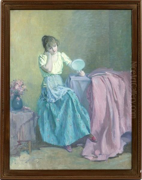 Young Woman Seated With Hand Mirror Oil Painting by Myron Barlow