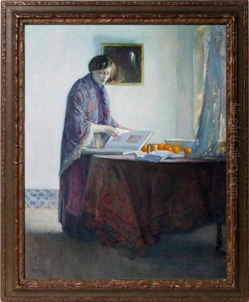 Woman Standing At Table Oil Painting by Myron Barlow