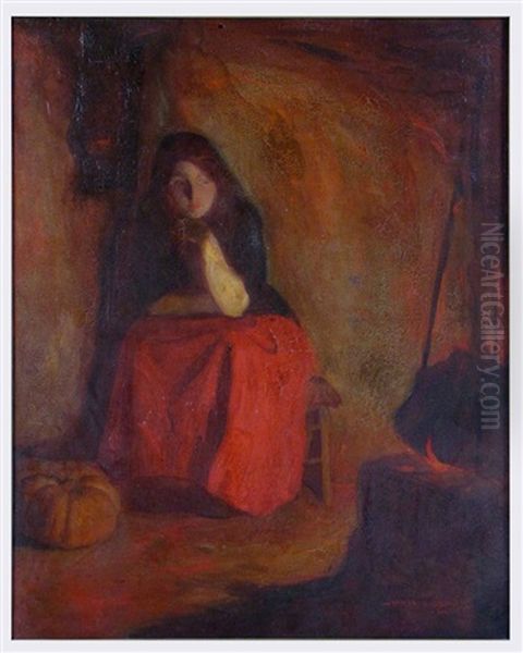 Woman Seated Before A Fire (cinderella) Oil Painting by Myron Barlow