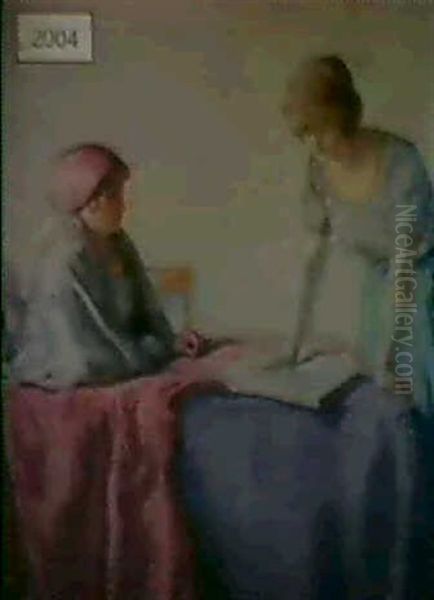 Women At Table Oil Painting by Myron Barlow