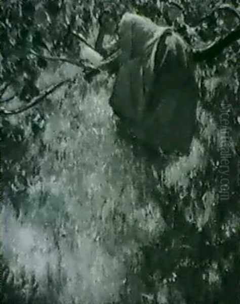 A Young Woman Reading On A Fallen Branch Oil Painting by Myron Barlow