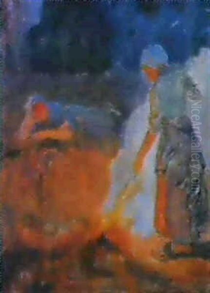 Two Women Gathered Around An Outdoor Fire Oil Painting by Myron Barlow